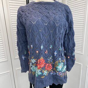 Vintage Laura Ashley Sz L Blue Sweater Cotton Cable Knit & Embroidery Oversized